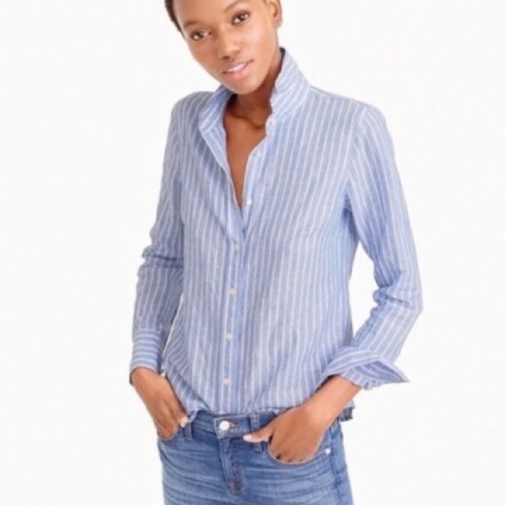 J Crew Striped Blue Linen Long Sleeve